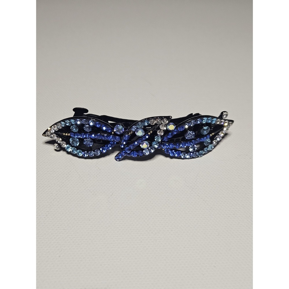 Blue Rhinestone Leaf Hair Barrette Crystal Sparkly‎ Navy Teal Wave Clip Women